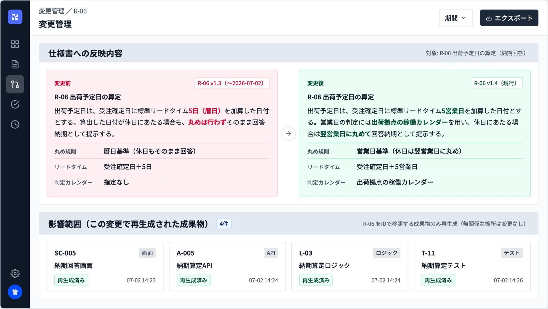 変更要求から仕様書反映と再生成までの記録画面