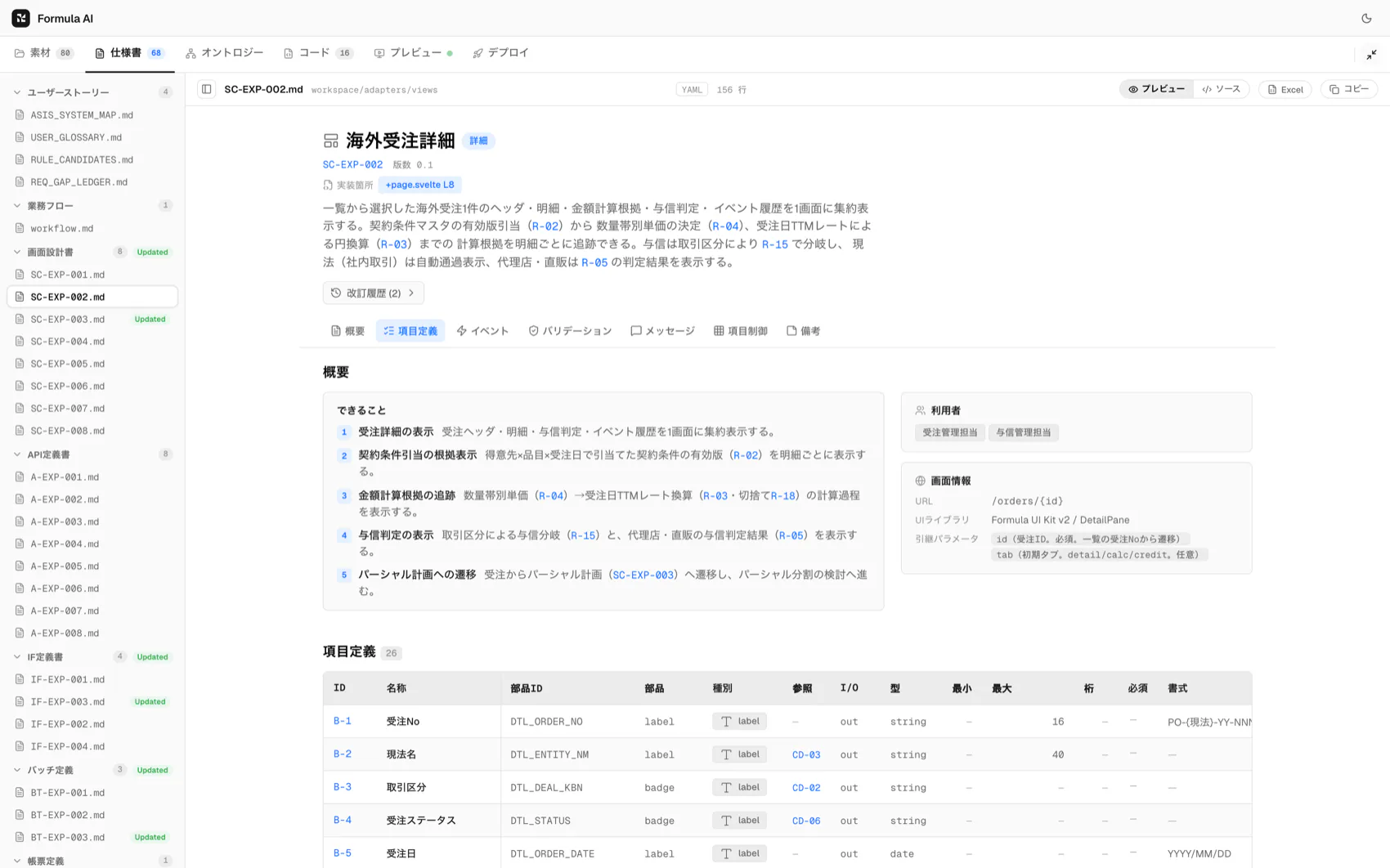 画面設計書のサンプル。画面の概要・利用者・項目定義の一覧表が並ぶ