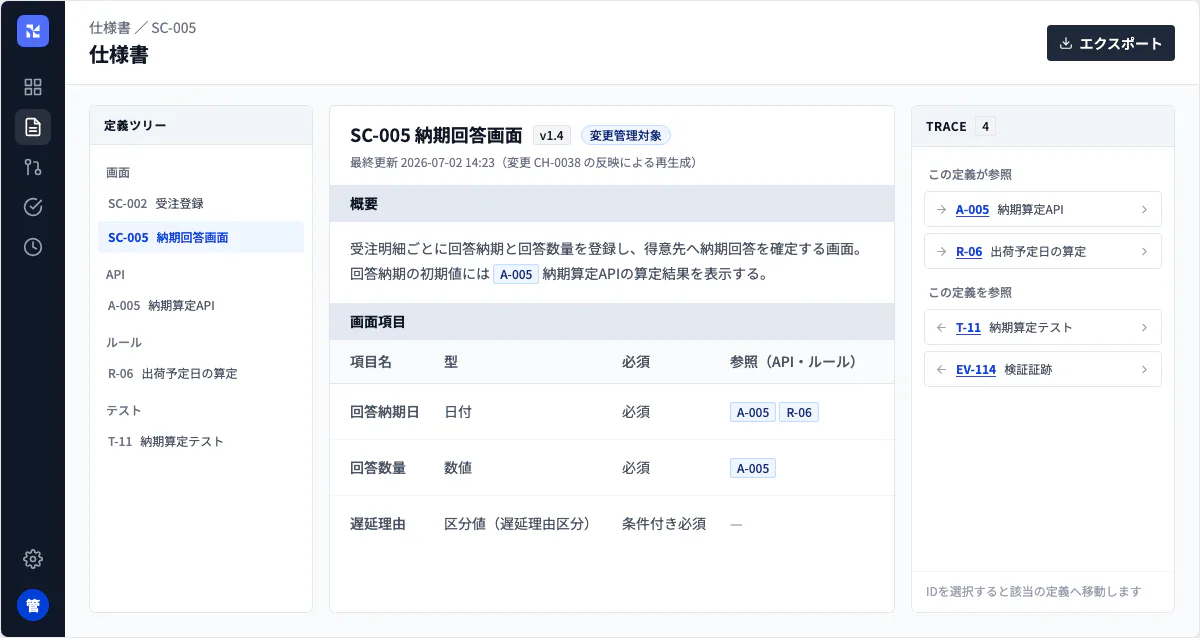 仕様書ビューア。SC-005 納期回答画面の定義から、参照するAPI・ルール・テストをIDで辿れる